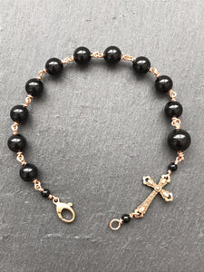 Men's Cross Onyx and Bronze Rosary Bracelet