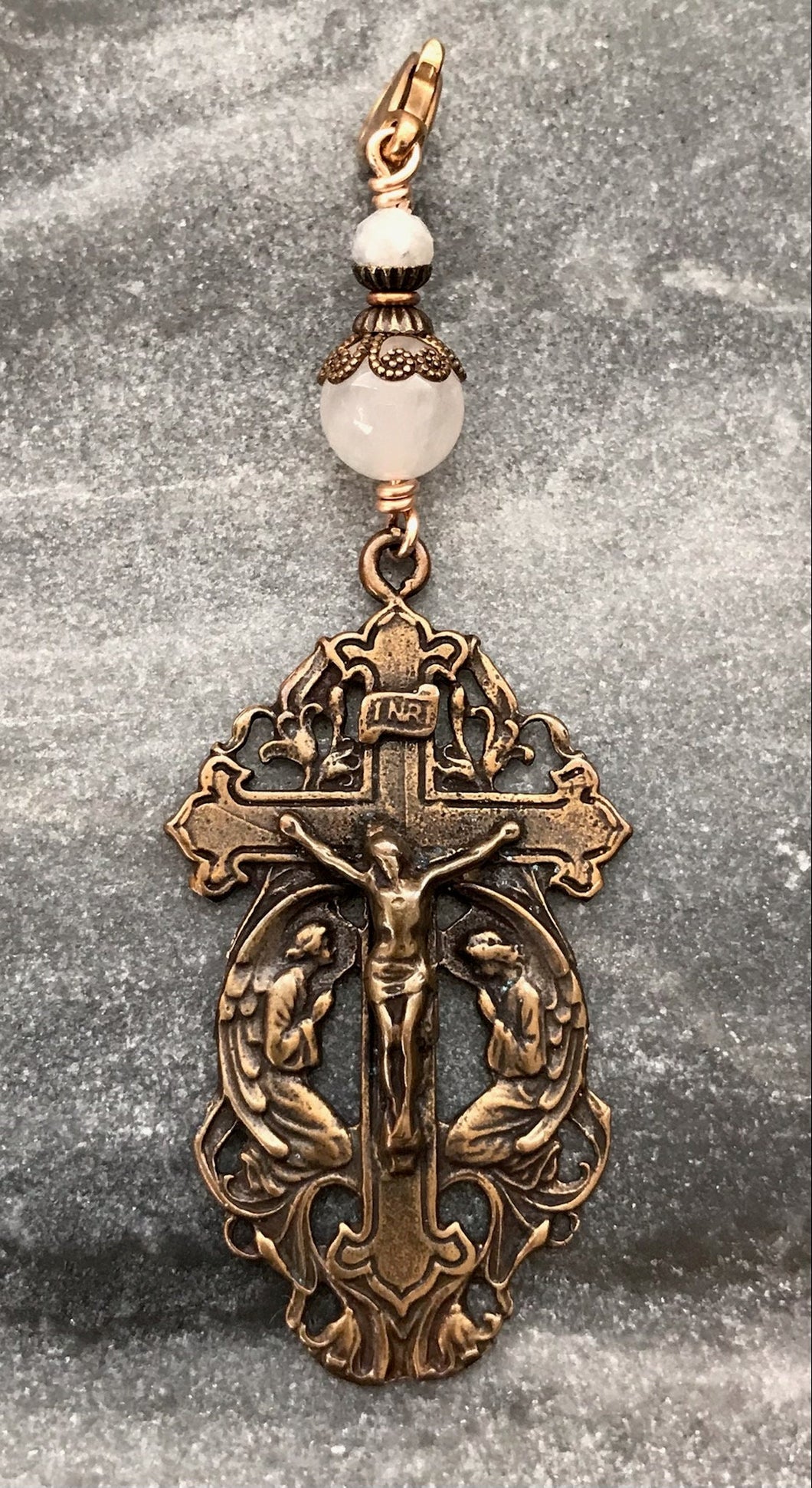 Bag Charm Angels Crucifix Zipper Pull - Bronze and Moonstone