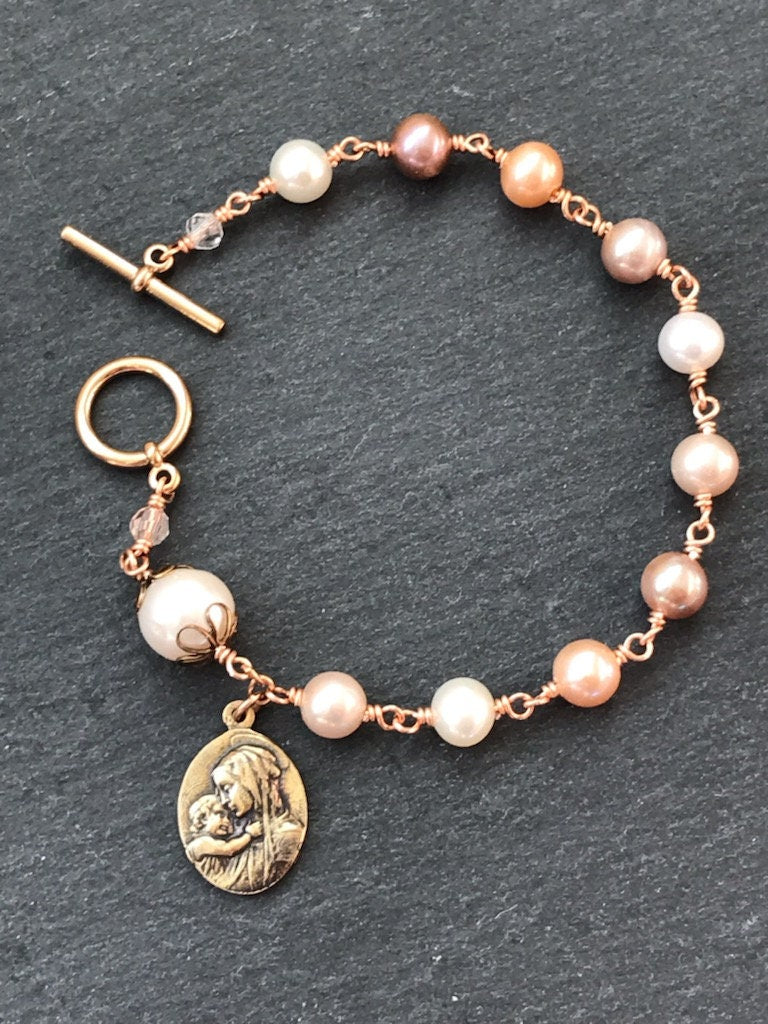 Pearl Bronze Rosary Bracelet - Madonna and Child