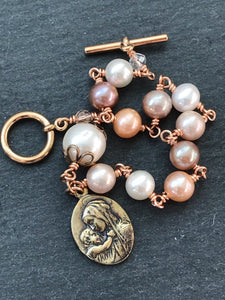 Pearl Bronze Rosary Bracelet - Madonna and Child