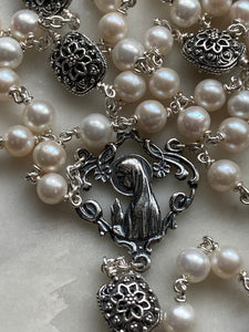 Freshwater Pearl Rosary - Sterling Silver - Sterling Silver Medals and beads - Art Nouveau Center