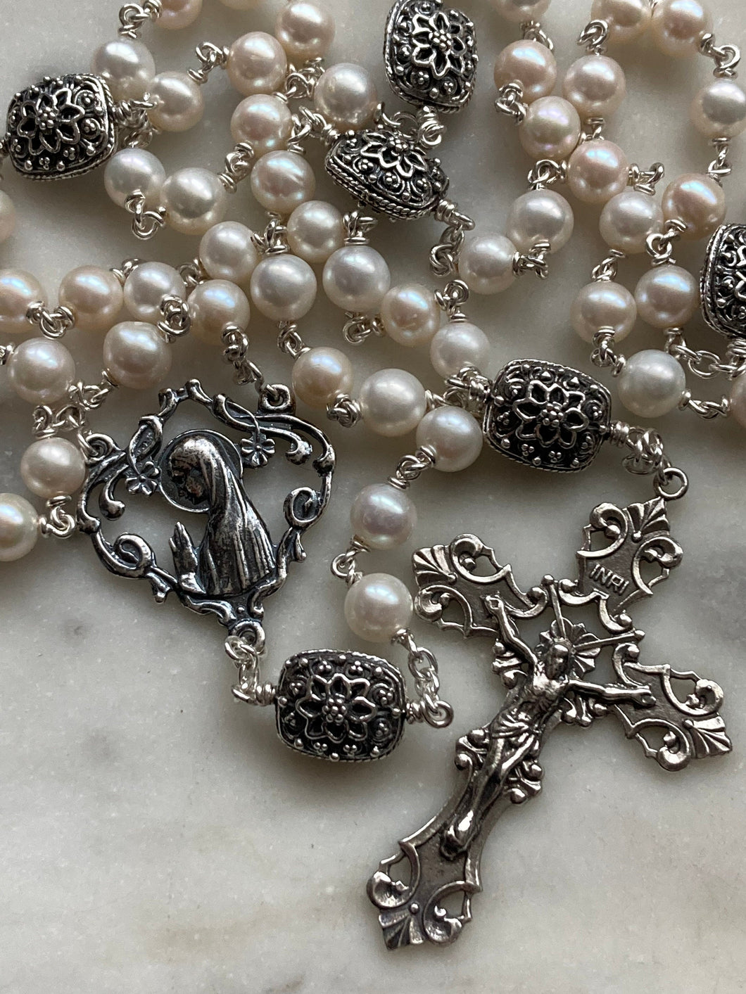 Freshwater Pearl Rosary - Sterling Silver - Sterling Silver Medals and beads - Art Nouveau Center