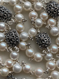 Freshwater Pearl Rosary - Sterling Silver - Sterling Silver Medals and beads - Art Nouveau Center