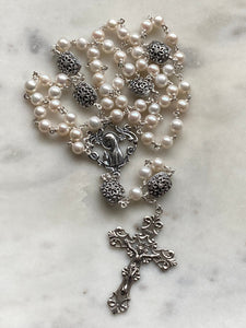 Freshwater Pearl Rosary - Sterling Silver - Sterling Silver Medals and beads - Art Nouveau Center