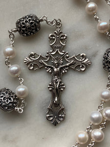 Freshwater Pearl Rosary - Sterling Silver - Sterling Silver Medals and beads - Art Nouveau Center