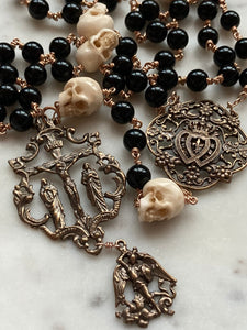 Memento Mori Rosary - Onyx and Ox Bone Skulls - Bronze - Wire-wrapped CeCeAgnes