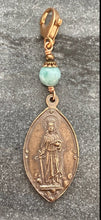 Load image into Gallery viewer, Bag Charm Saint Dymphna Zipper Pull - Bronze and Larimar
