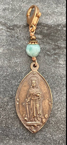 Bag Charm Saint Dymphna Zipper Pull - Bronze and Larimar