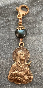 Bag Charm Immaculate Heart of Mary Zipper Pull - Bronze and Black Pearl