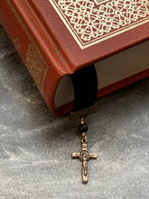 Load image into Gallery viewer, Velvet Catholic Bookmark - Saint Benedict - Bronze - Black Velvet
