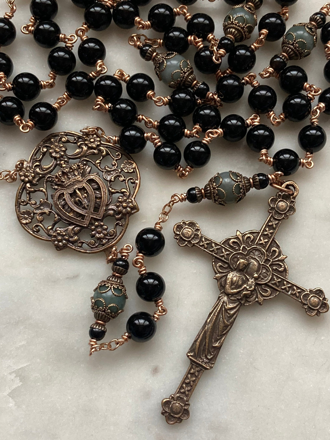 Large Black Onyx and Emerald Rosary - Bronze Medals CeCeAgnes