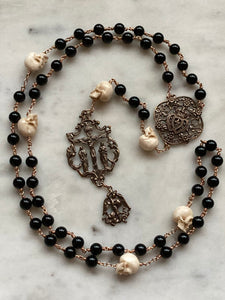 Memento Mori Rosary - Onyx and Ox Bone Skulls - Bronze - Wire-wrapped CeCeAgnes