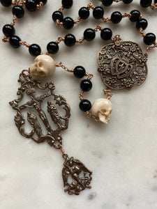 Memento Mori Rosary - Onyx and Ox Bone Skulls - Bronze - Wire-wrapped CeCeAgnes