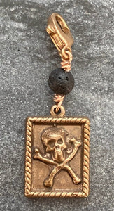 Bag Charm Memento Mori Zipper Pull - Bronze and Lava Bead