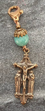 Load image into Gallery viewer, Bag Charm Crucifix Zipper Pull - Bronze and Amazonite
