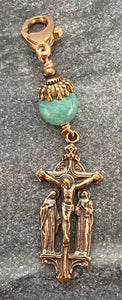 Bag Charm Crucifix Zipper Pull - Bronze and Amazonite