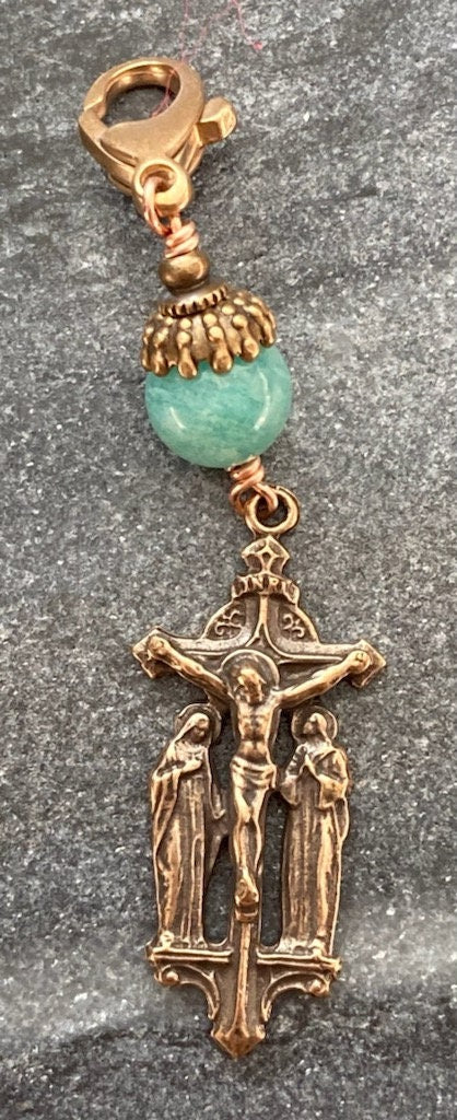 Bag Charm Crucifix Zipper Pull - Bronze and Amazonite