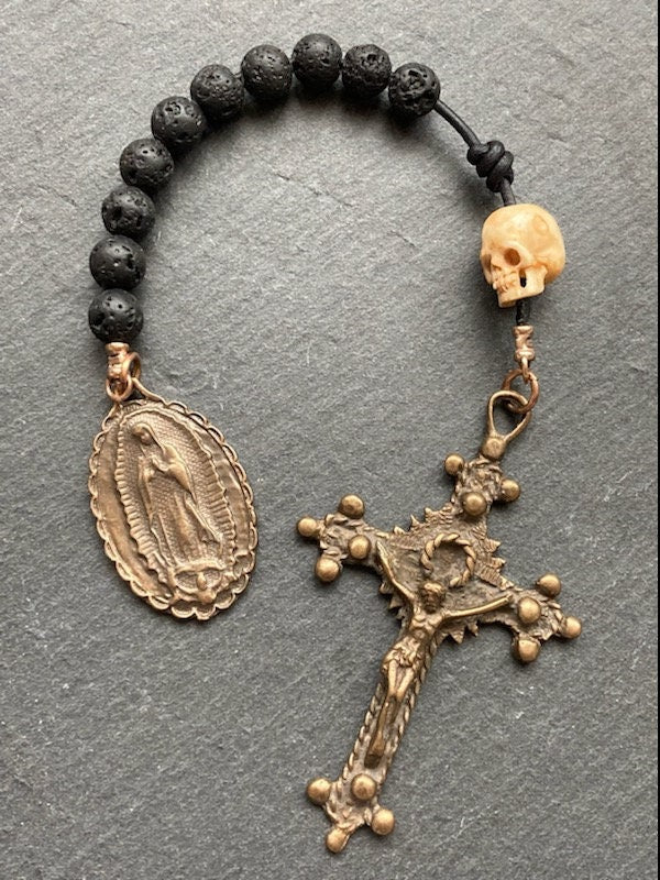 Memento Mori Our Lady of Guadalupe Tenner - Bronze and leather - Penal Pocket Rosary