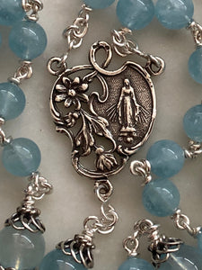 Aquamarine Rosary - Sterling Silver - Miraculous Medal Center - Budded Lilies Crucifix CeCeAgnes