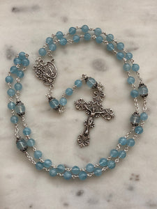 Aquamarine Rosary - Sterling Silver - Miraculous Medal Center - Budded Lilies Crucifix CeCeAgnes