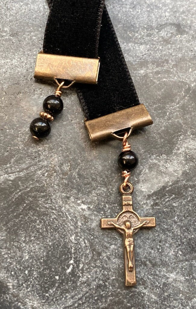 Velvet Catholic Bookmark - Saint Benedict - Bronze - Black Velvet