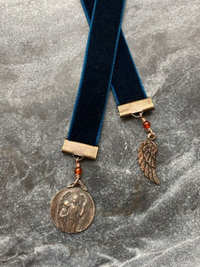 Velvet Catholic Bookmark - Guardian Angel - Bronze - Blue Velvet