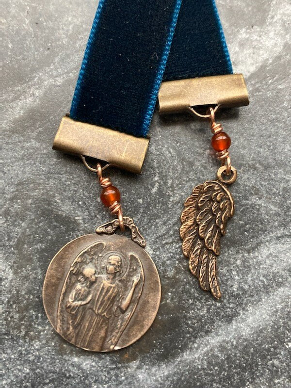 Velvet Catholic Bookmark - Guardian Angel - Bronze - Blue Velvet