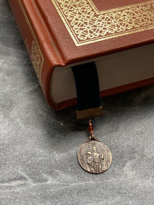 Velvet Catholic Bookmark - Guardian Angel - Bronze - Blue Velvet