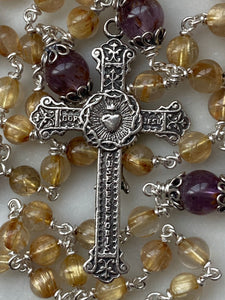 Sacred Heart Rosary - All Sterling Silver - Gold Rutilated Titanium Quarts Beads - Reproductions of Antique Medals CeCeAgnes