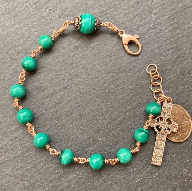 Saint Patrick Saint Bridgette Rosary Bracelet - Malachite Gemstones - Solid Bronze