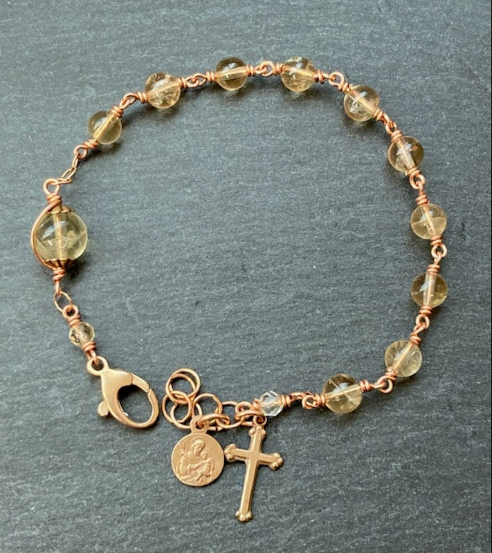 Citrine Saint Joseph Rosary Bracelet - Solid Bronze