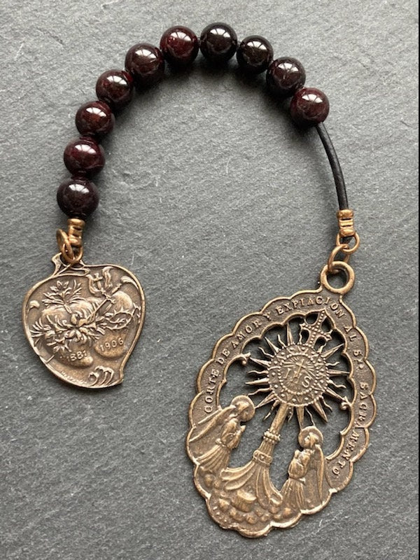 Blessed Sacrament Sacred Heart Immaculate Heart Tenner - Bronze and leather - Pocket Rosary