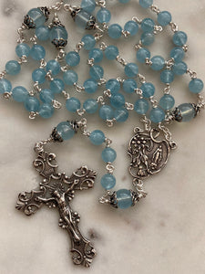 Aquamarine Rosary - Sterling Silver - Miraculous Medal Center - Budded Lilies Crucifix CeCeAgnes