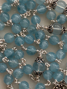 Aquamarine Rosary - Sterling Silver - Miraculous Medal Center - Budded Lilies Crucifix CeCeAgnes