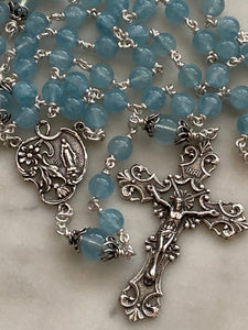 Aquamarine Rosary - Sterling Silver - Miraculous Medal Center - Budded Lilies Crucifix CeCeAgnes