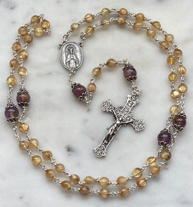 Sacred Heart Rosary - All Sterling Silver - Gold Rutilated Titanium Quarts Beads - Reproductions of Antique Medals CeCeAgnes