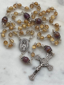 Sacred Heart Rosary - All Sterling Silver - Gold Rutilated Titanium Quarts Beads - Reproductions of Antique Medals CeCeAgnes