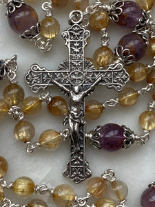 Sacred Heart Rosary - All Sterling Silver - Gold Rutilated Titanium Quarts Beads - Reproductions of Antique Medals CeCeAgnes