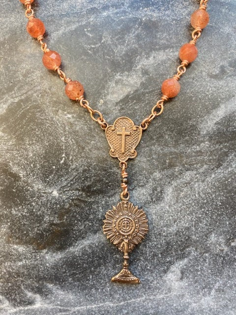 Blessed Sacrament Chaplet Necklace - Gold Sunstone and Bronze