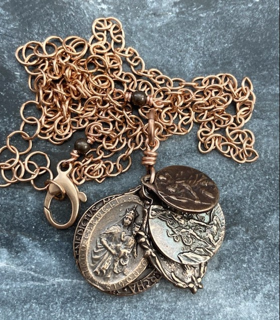 Catholic Protection Necklace - Solid Bronze - Saints Michael Benedict Christopher - Miraculous Medal - Scapular Medal