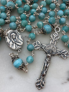 Beautiful Rosary - Sorrowful Mother - Larimar Gemstones - wire-wrapped - Sterling Silver