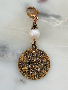 Bag Charm Guardian Angel Zipper Pull - Bronze and Freshwater Pearl