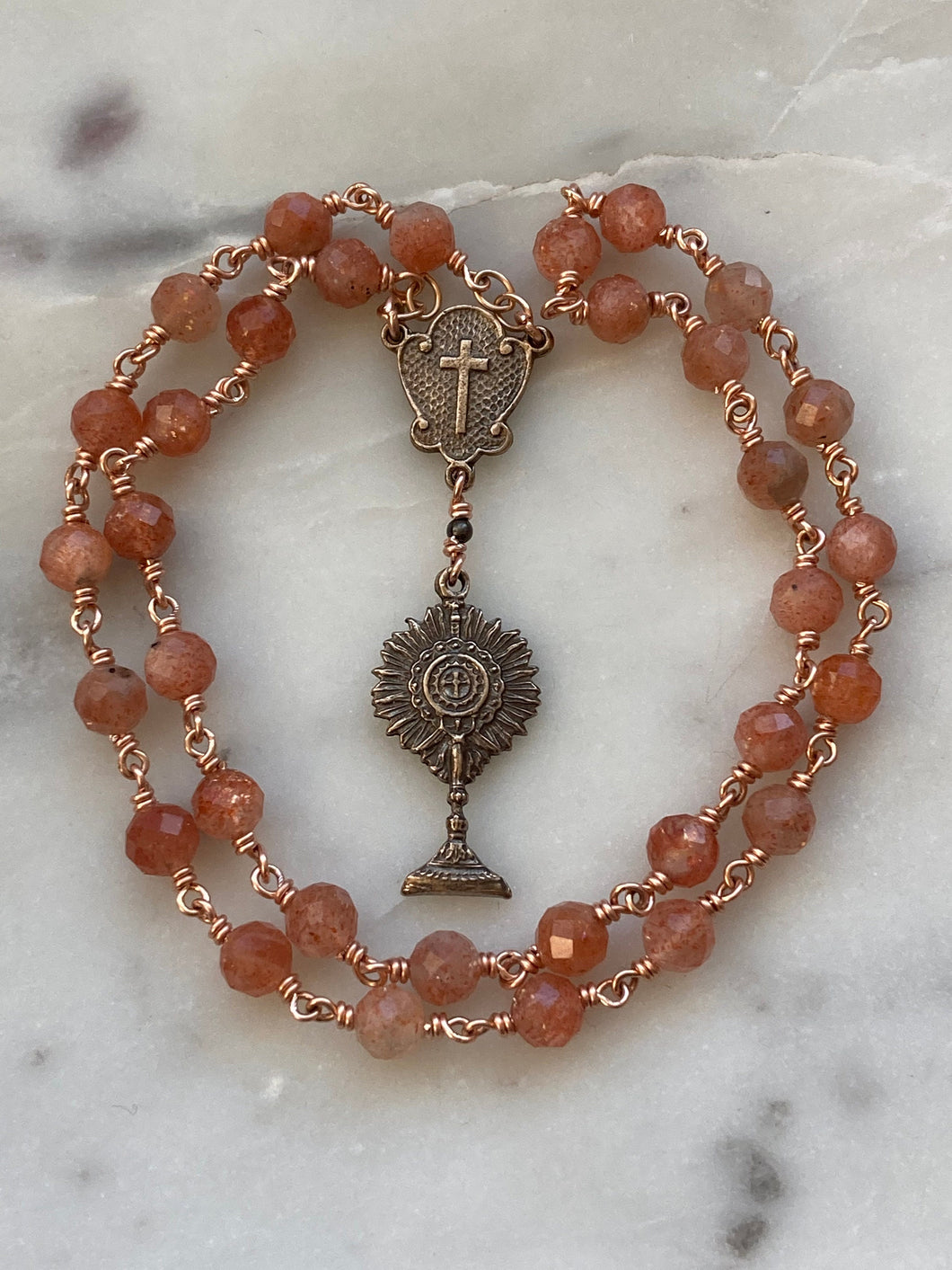 Blessed Sacrament Chaplet - Gold Sunstone and Bronze CeCeAgnes