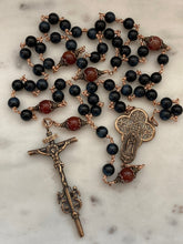 Load image into Gallery viewer, Large Bronze Rosary - Our Lady of Guadalupe - Blue Tiger Eye and Sardonyx CeCeAgnes
