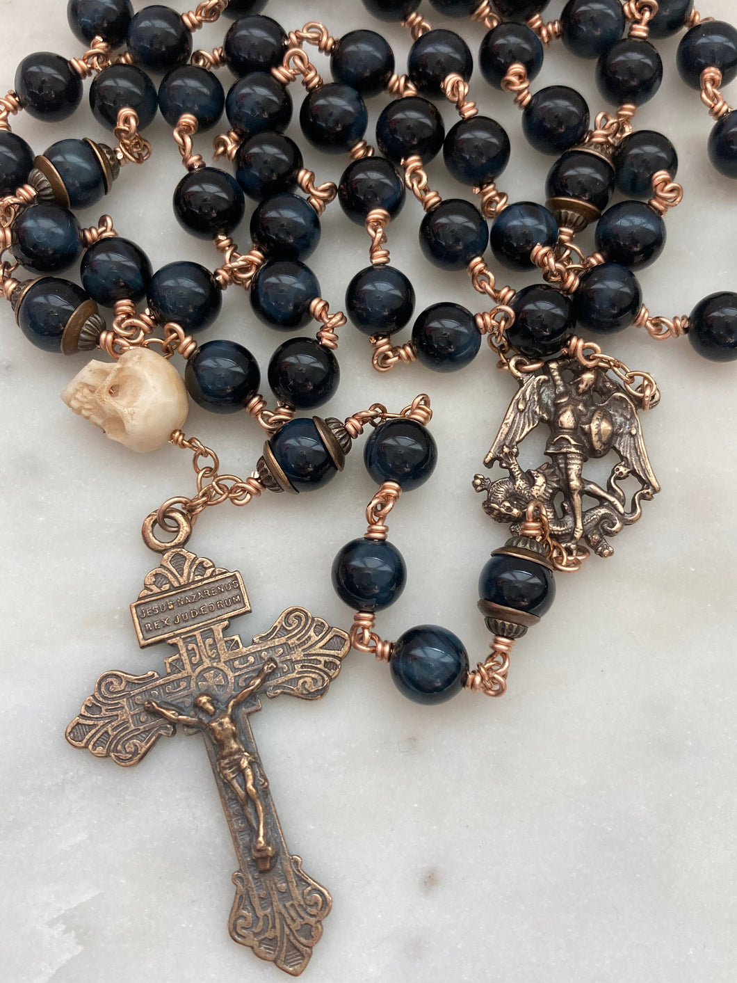 Large Bronze Rosary - Saint Michael - Blue Tiger Eye  CeCeAgnes