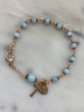 Load image into Gallery viewer, Mater Dolorosa Bronze Rosary Bracelet - Aquamarine Gemstones
