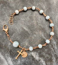 Load image into Gallery viewer, Mater Dolorosa Bronze Rosary Bracelet - Aquamarine Gemstones
