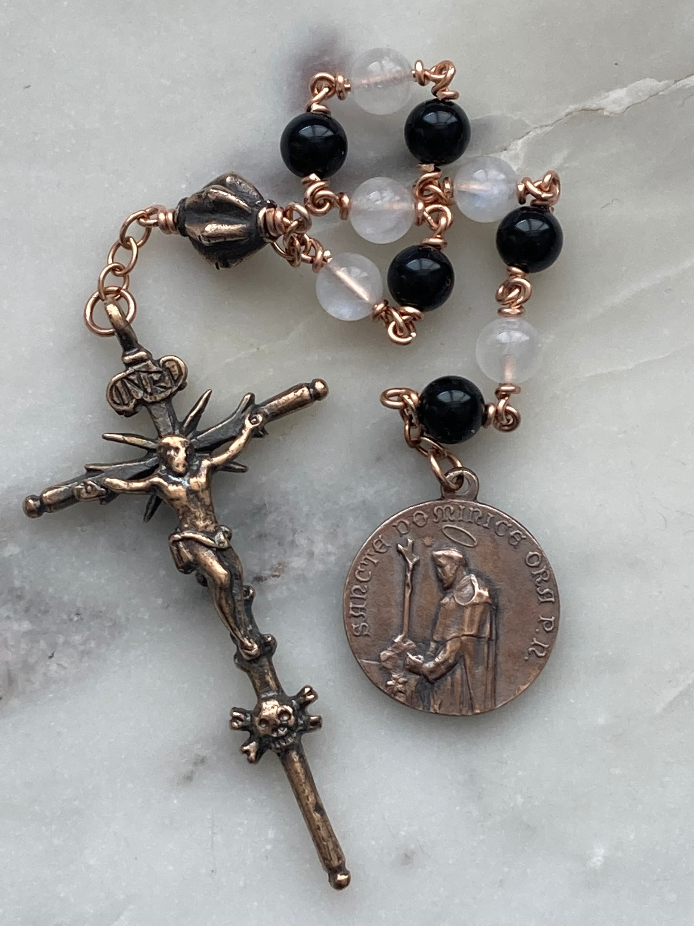 Saint Dominic Memento Mori Pocket Rosary - Onyx and Moonstone