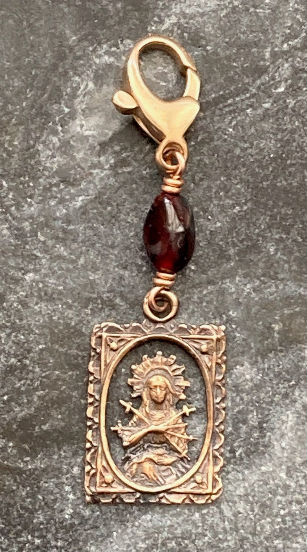 Our Lady of Sorrows Bag Charm - Zipper Pull - Bronze and Garnet drop