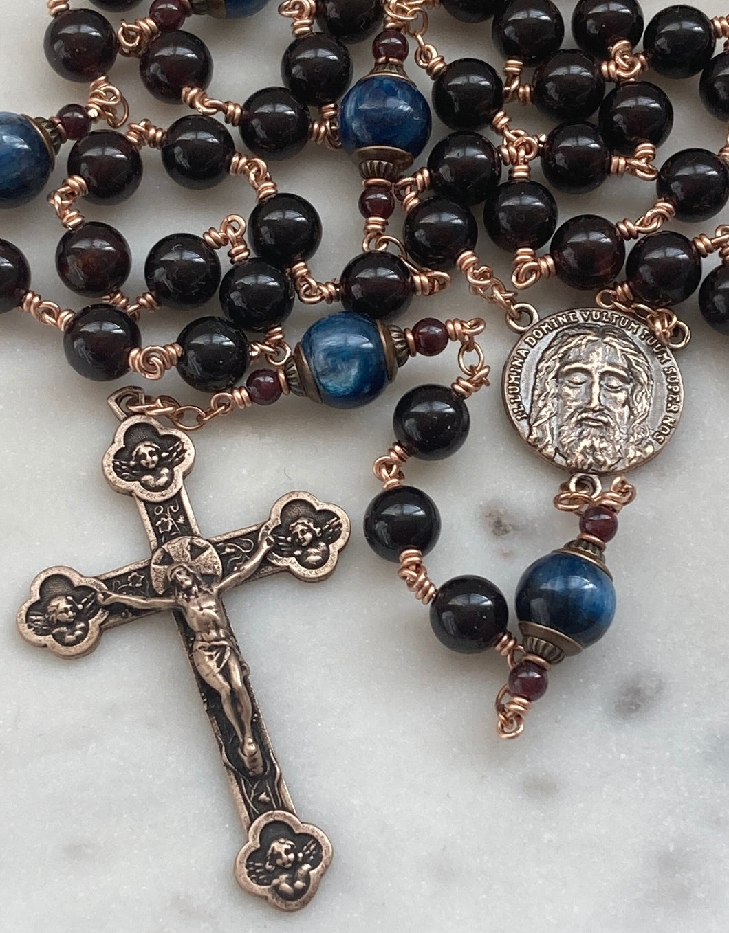 Holy Face of Jesus Rosary - Garnet and Kyanite Gemstones and Solid Bronze - Angels Crucifix CeCeAgnes